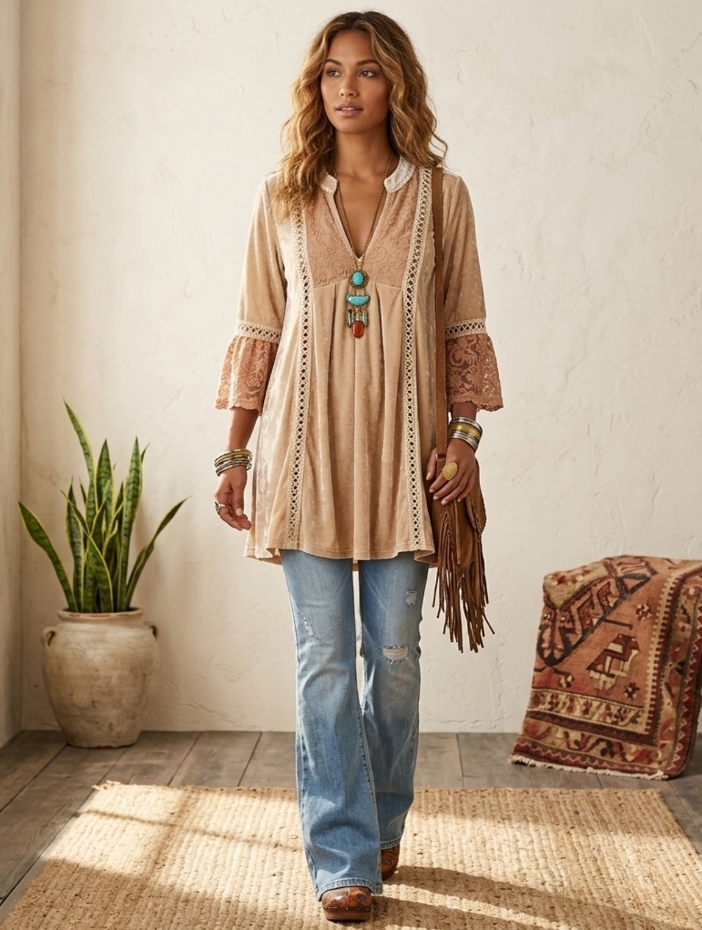 POL S Tunic Top Velvet Lace V-Neck 3/4 Bell Sleeve Beige Tan Mini Swing Dress - Picture 2 of 9